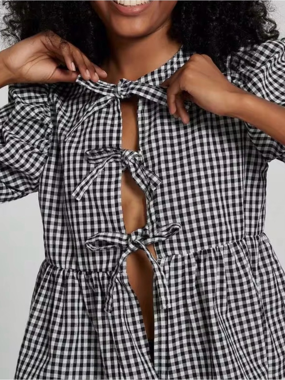 Gingham Tie-Front Nightgown in Black & White
